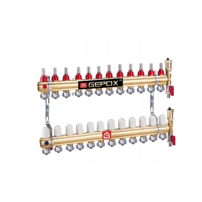 Rozdzielacz do podłogówki 12 obwodów GEPOX mosieżny do ogrzewania podłogowego